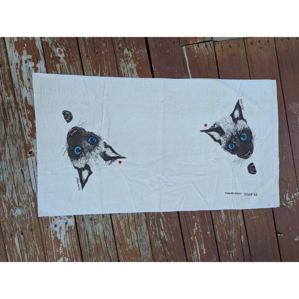 Rabindra Siamese Cats Vintage 70s Bath Towel Set Red Dot Sayco USA NEW Unused